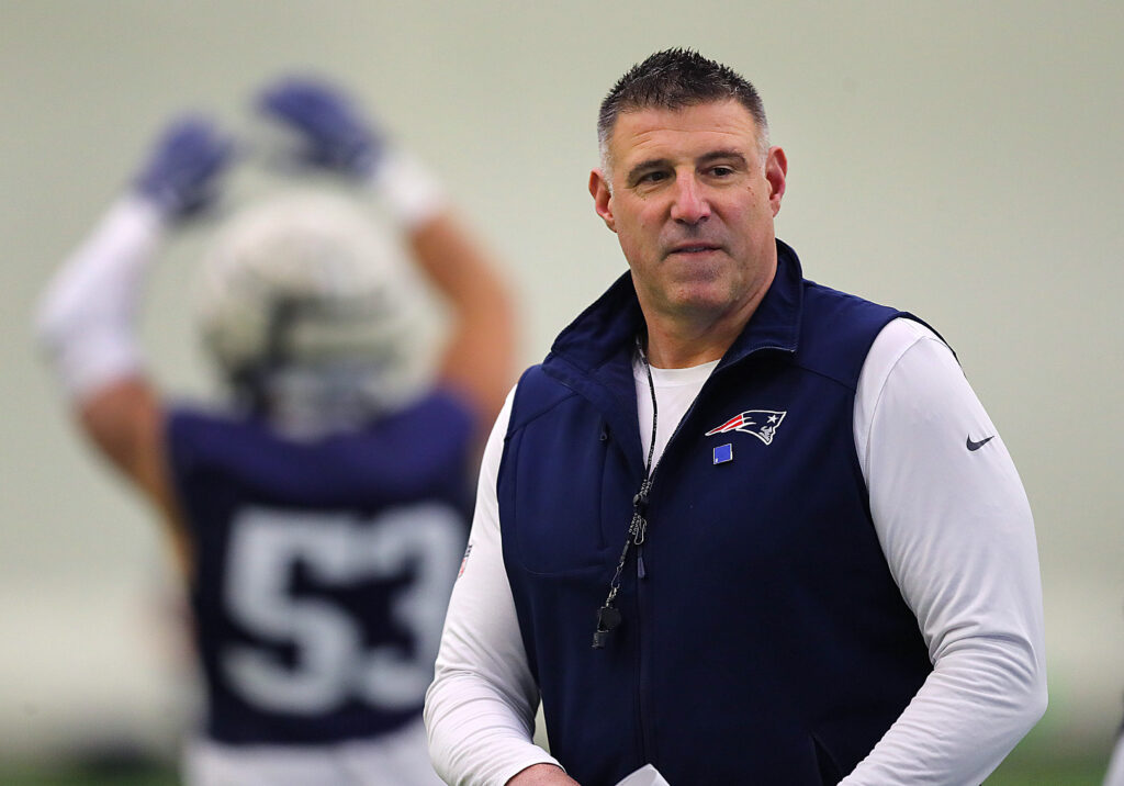 New England Patriots head coach Mike Vrabel at practice on January 29, 2026.