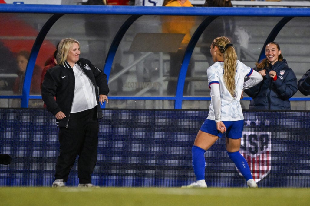 Trinity Rodman #2 of the United States dances with head coach Emma Hayes afterr scoring during the second half against Chile during an international friendly at Harder Stadium