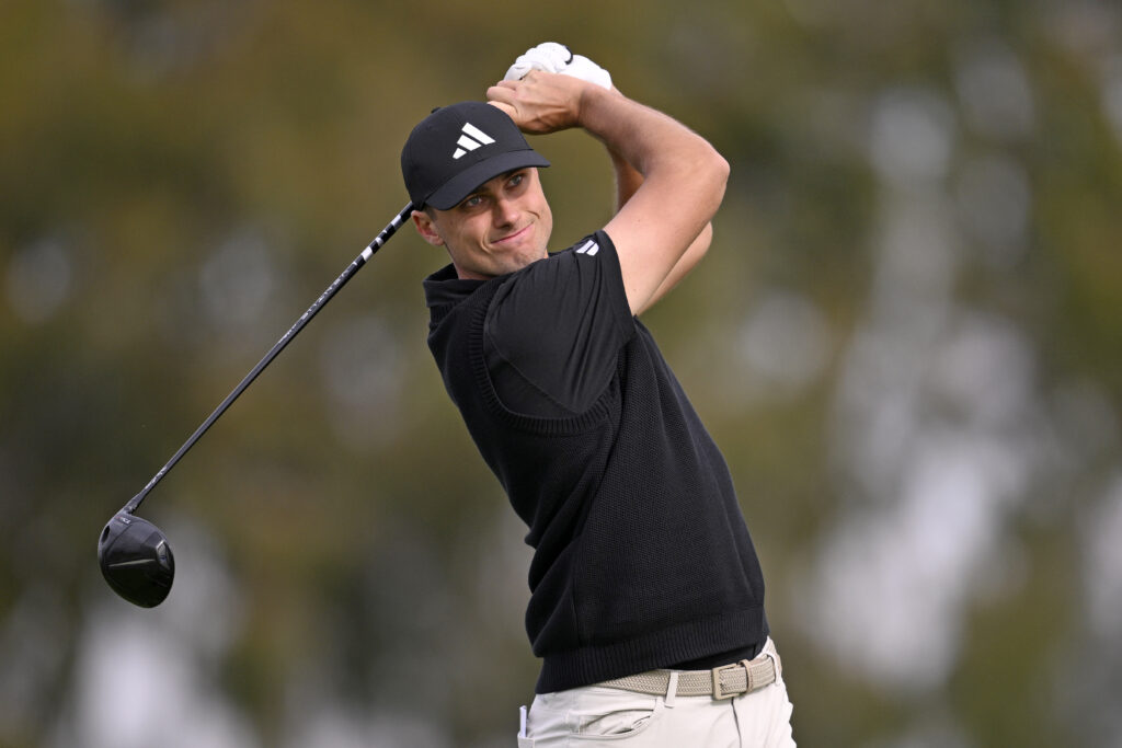 Ludvig Aberg of Sweden plays his shot from the second tee during the pro-am prior to the Farmers Insurance Open 2026 at Torrey Pines
