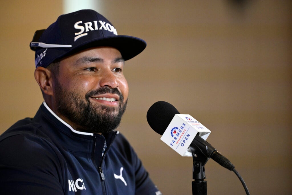 J.J. Spaun of the United States speaks during a press conference during the pro-am prior to the Farmers Insurance Open 2026 at Torrey Pines Golf Course
