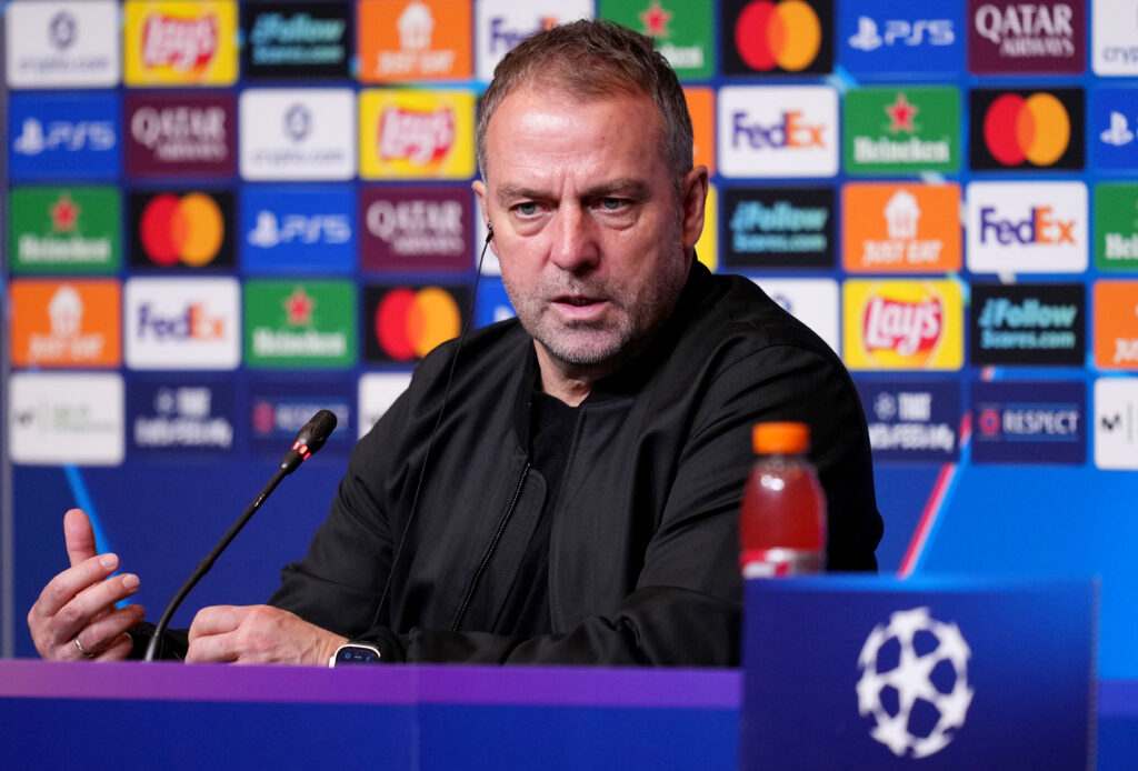 Hansi Flick, Head Coach of FC Barcelona, speaks to the media in a post match press conference after the UEFA Champions League 2025/26 League Phase MD8 match between FC Barcelona and F.C. Copenhagen at Camp Nou.