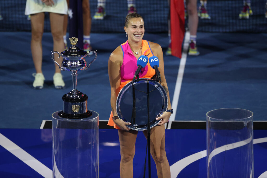 Aryna Sabalenka speaks after her defeat in the Women's Singles Final against Elena Rybakina of Kazakhstan during day 14 of the 2026 Australian Open at Melbourne Park on January 31, 2026 in Melbourne, Australia.