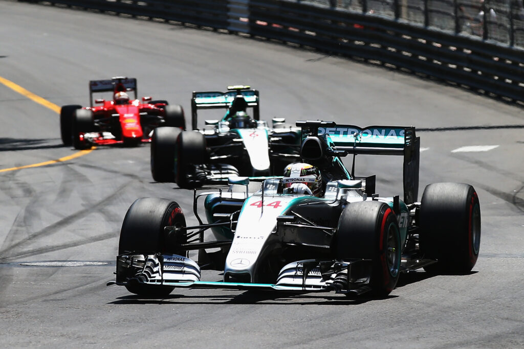 Lewis Hamilton driving his Mercedes F1 car ahead of Nico Rosberg at the 2015 Monaco Grand Prix.