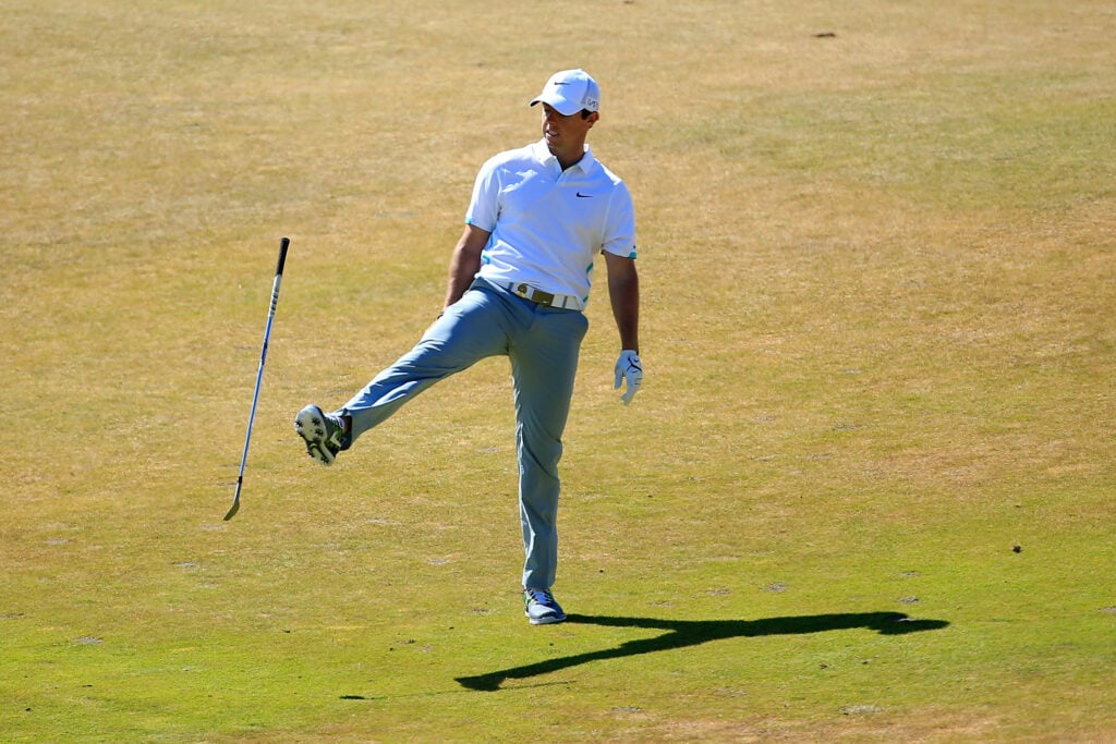 Rory McIlroy of Northern Ireland reacts to his second shot on the seventh hole during the second round of the 115th U.S. Open Championship