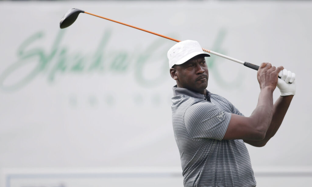 NBA legend Michael Jordan hits a tee shot during ARIA Resort & Casino's 13th Annual Michael Jordan Celebrity Invitational