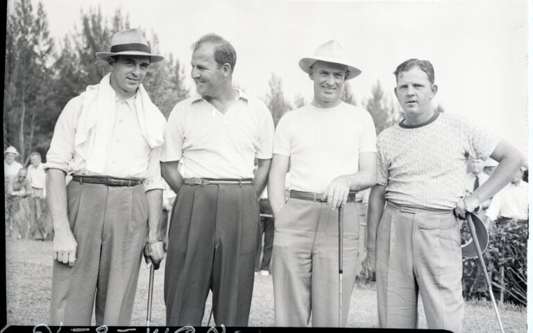 (Original Caption) 3/10/1945-Miami, FL- The fourth-seeded team of Denny Shute (L) and Sammy Byrd knocked Sam Snead and Bob Hamilton out of the runn...