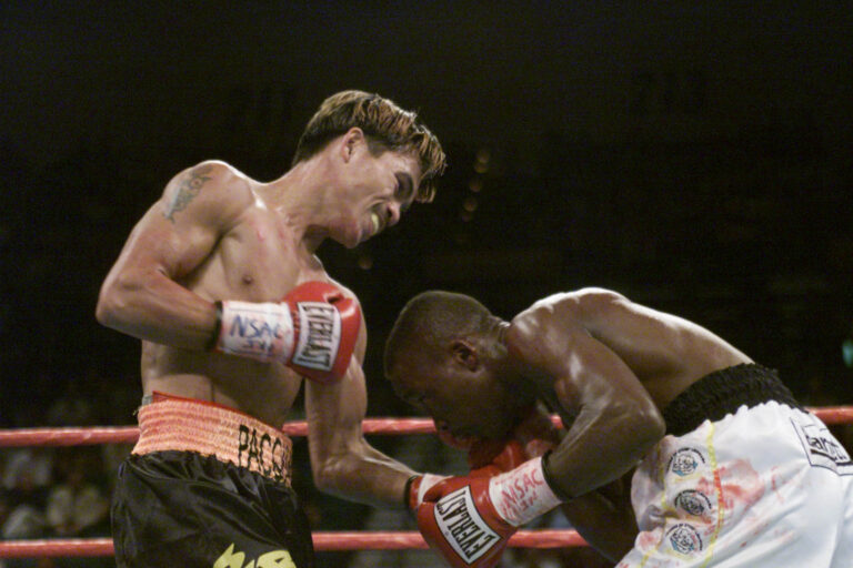 23 Jun 2001: Manny  Pacquiao throws a left hook against L. Ledwaba during IBF Super Bantamweight Championship bout at the MGM Grand Hotel & Cas...