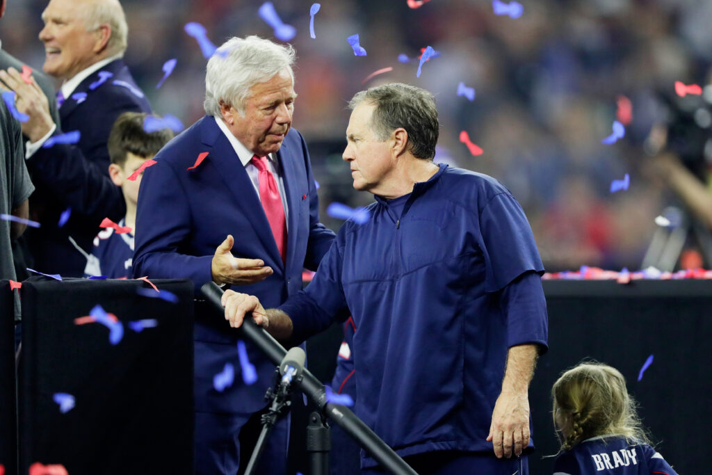Team owner Robert Kraft and head coach Bill Belichick of the New England Patriots talk after defeating the Atlanta Falcons 34-28 in overtime during Super Bowl 51 at NRG Stadium.