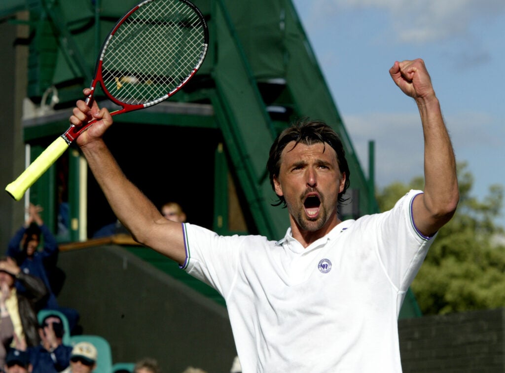 Goran Ivanisevic celebrating his 4-6, 7-6, 1-6, 6-3, 6-4 win over Fillippo Volandri