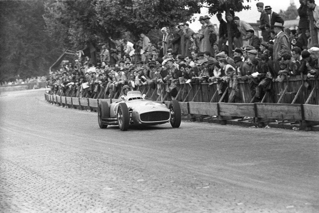 Juan Manuel Fangio in his Mercedes F1 car at the 1954 Swiss Grand Prix.