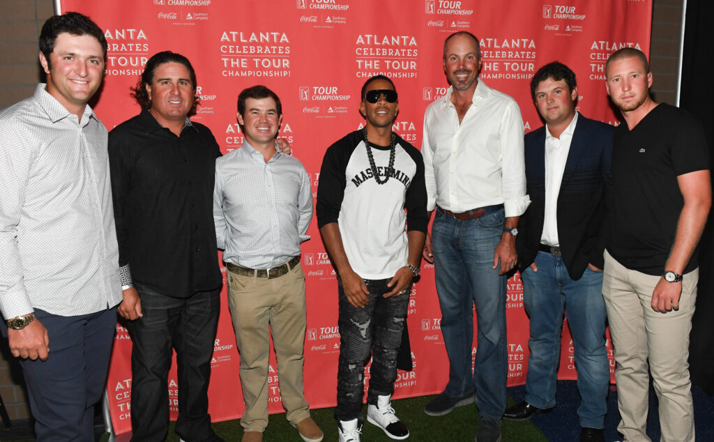 Patrick Reed, Pat Perez, Brian Harman, Ludacris, Matt Kuchar, Jon Rahm, and Daniel Berger at 2017 Atlanta Celebrates The Tour Championship! Kickoff Celebration at College Football Hall of Fame.