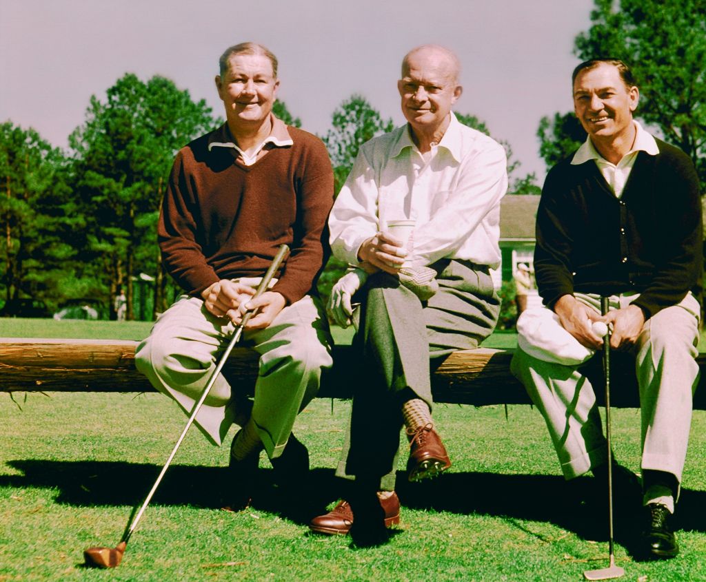 Byron Nelson poses with President Eisenhower and Ben Hogan at Augusta National Golf Club in Augusta, Georgia