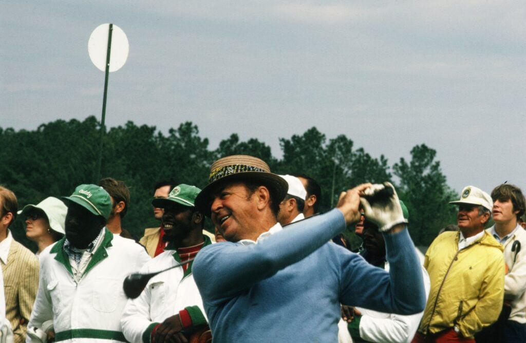Sam Snead watches his shot with a smile during the 1973 Masters Tournament at Augusta National