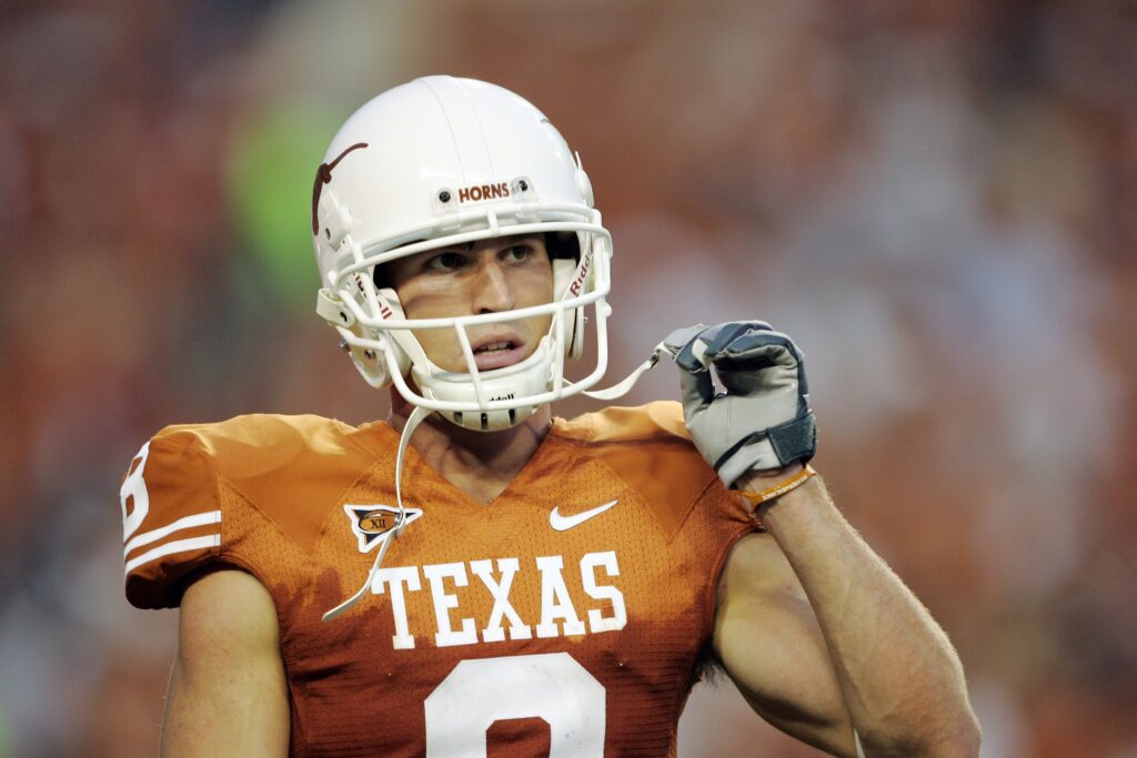 Wide receiver Jordan Shipley #8 of the Texas Longhorns looks on during their game against the Louisiana Monroe Warhawks.
