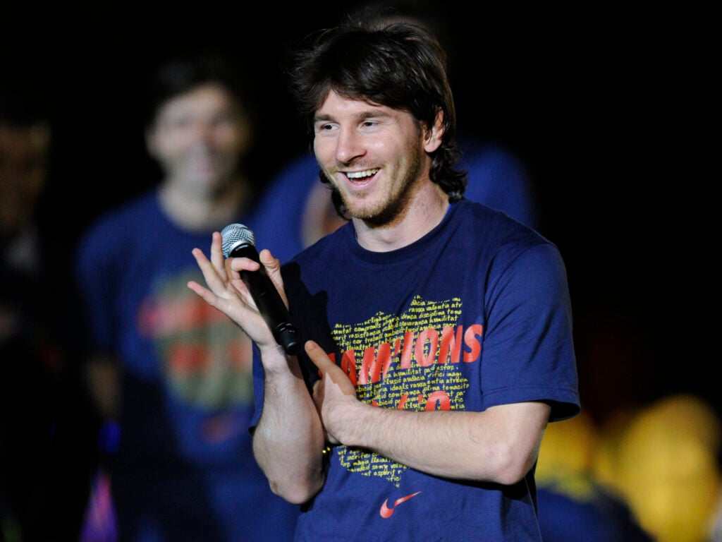 Barcelona's Argentinian forward Lionel Messi celebrates after winning their Spanish League football match against Valladolid at Camp Nou stadium in Barcelona.