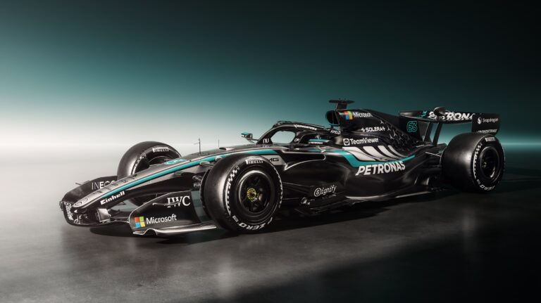Angled shot of the Mercedes W17 E Performance as the team unveils the livery ahead of the 2026 season