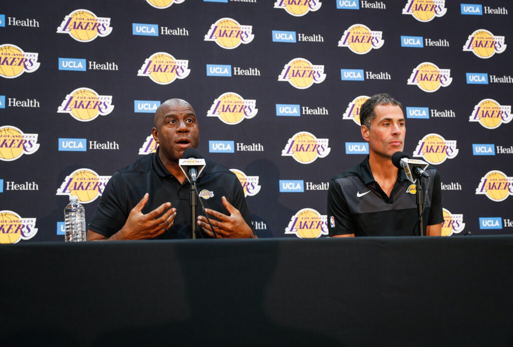 Earvin "Magic" Johnson and Rob Pelinka discuss the upcoming Los Angeles Lakers' season at UCLA Health Training Center.