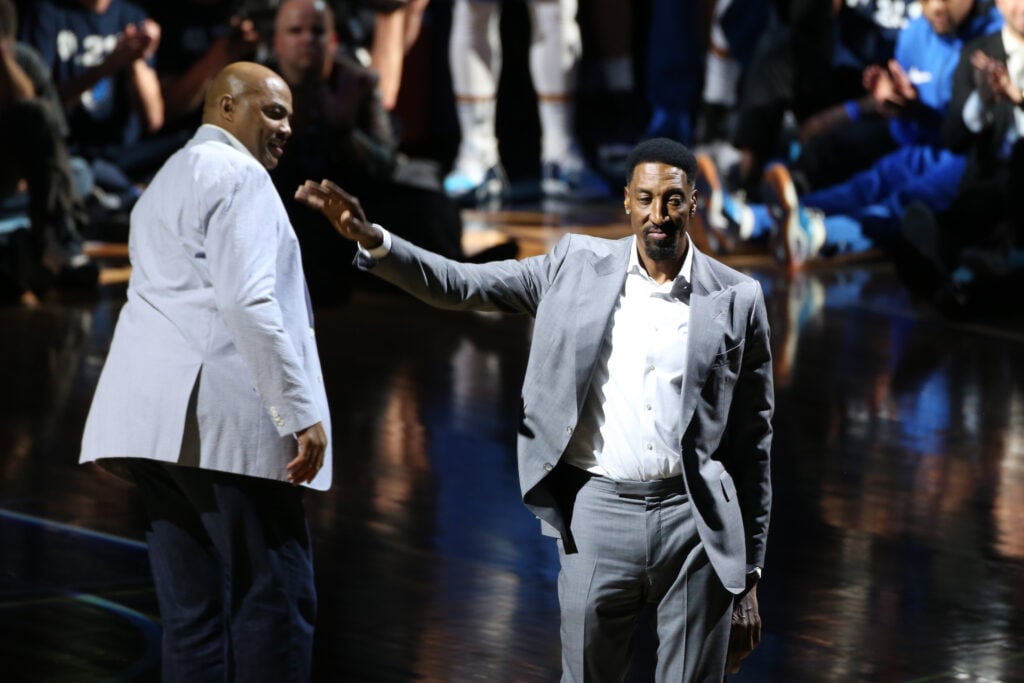 Former player Scottie Pippen speaking to Dirk Nowitzki after the game between Phoenix Suns and Dallas Mavericks at American Airlines Center.