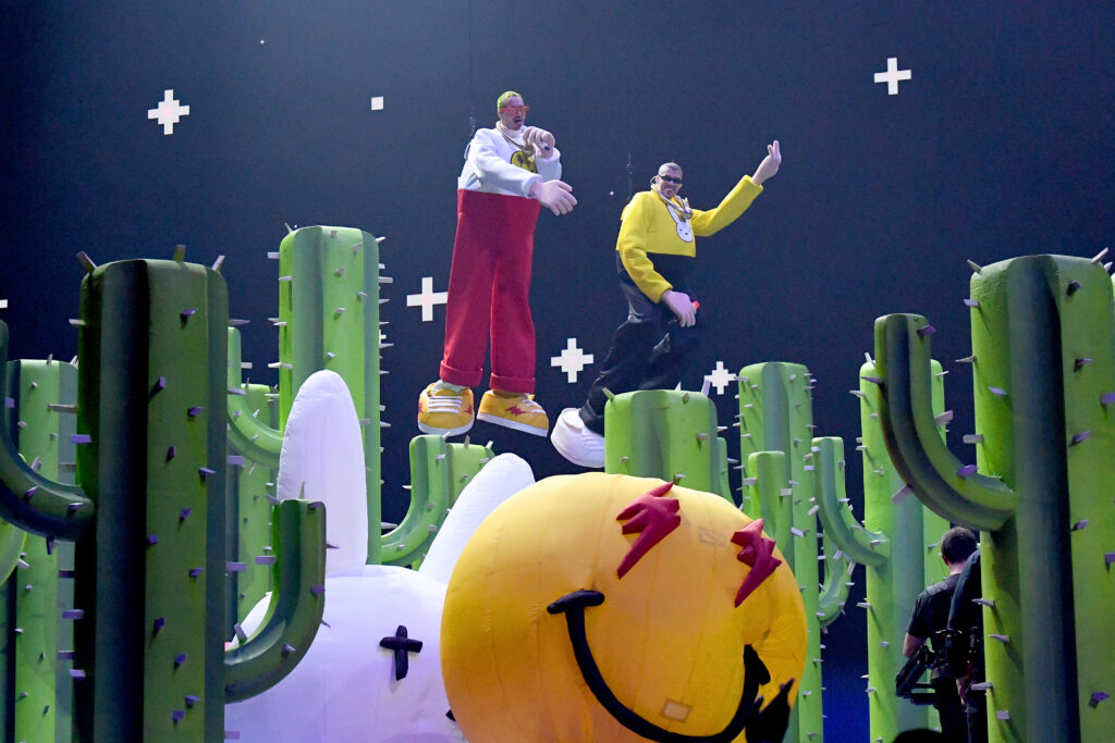 J Balvin and Bad Bunny perform onstage during the 2019 MTV Video Music Awards at Prudential Center on August 26, 2019 in Newark, New Jersey.