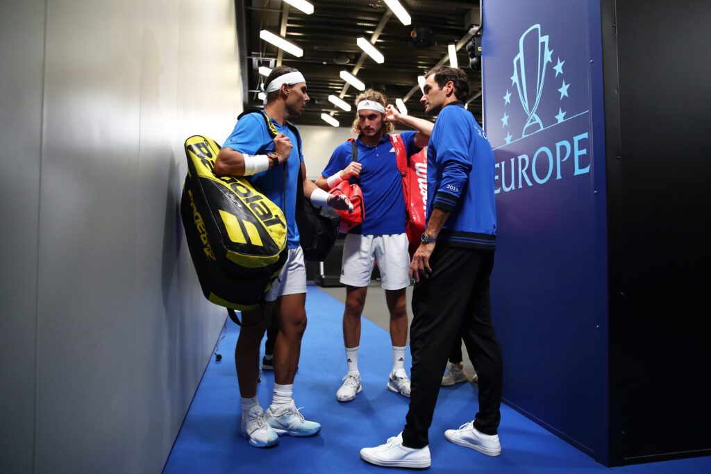 Rafael Nadal, Stefanos Tsitsipas and Roger Federer in conversation at the Laver Cup.