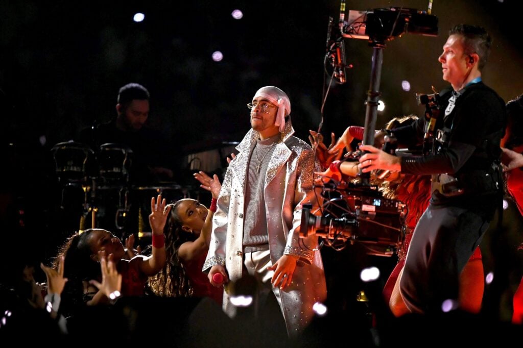 Bad Bunny performs onstage during the Pepsi Super Bowl LIV Halftime Show at Hard Rock Stadium on February 02, 2020.