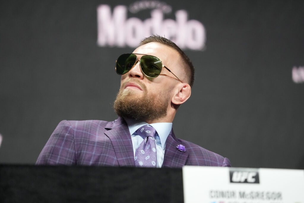 Dana White introduces Dustin Poirier and Conor McGregor to the press and the public for the first time back with fans in attendance at the UFC 264 - Poirier vs McGregor 3.