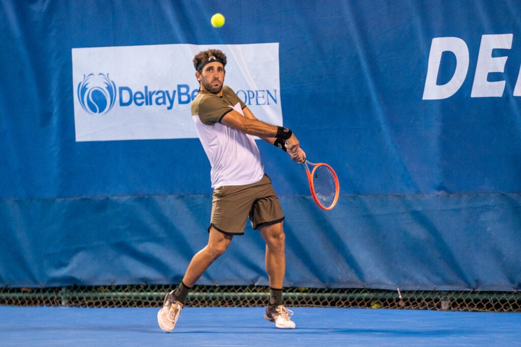 Hernan Casanova (ARG) competes during the Qualifying round of the ATP Delray Beach Open on February 11, 2023, at the Delray Beach Stadium & Tennis Center.