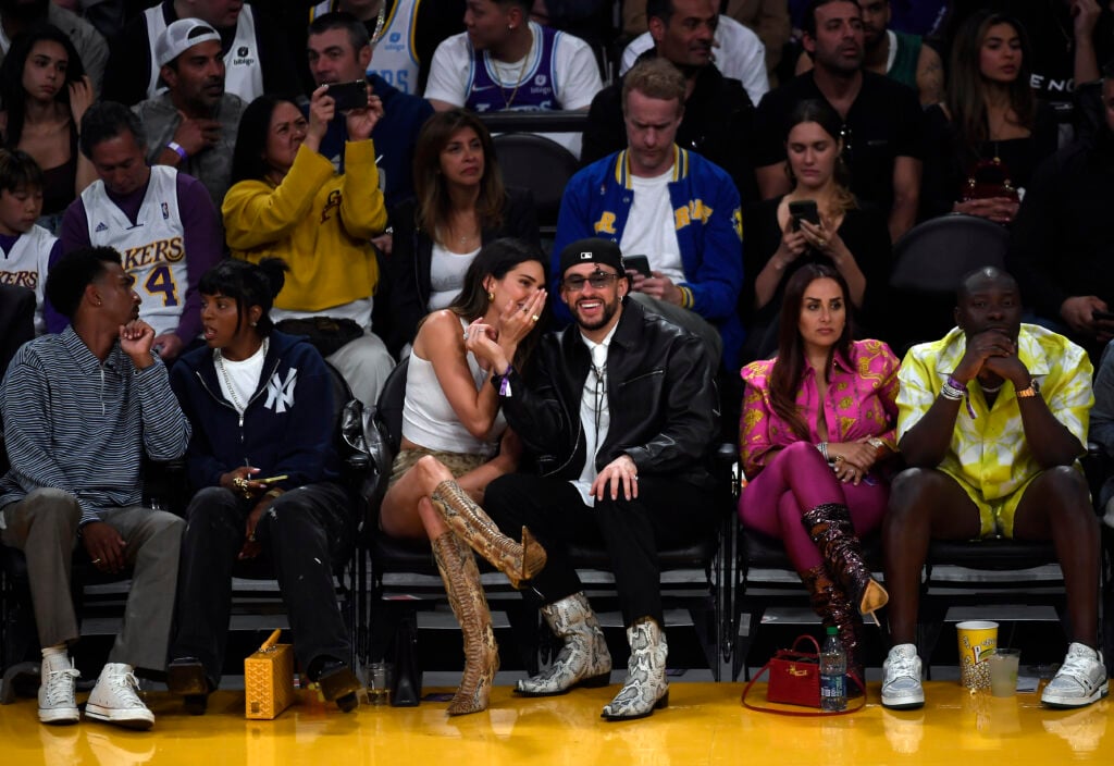 Yung Taco, Renell Medrano, Kendall Jenner and Bad Bunny attend the Western Conference Semifinal Playoff game between the Los Angeles Lakers and Golden State Warriors at Crypto.com Arena on May 12, 2023.