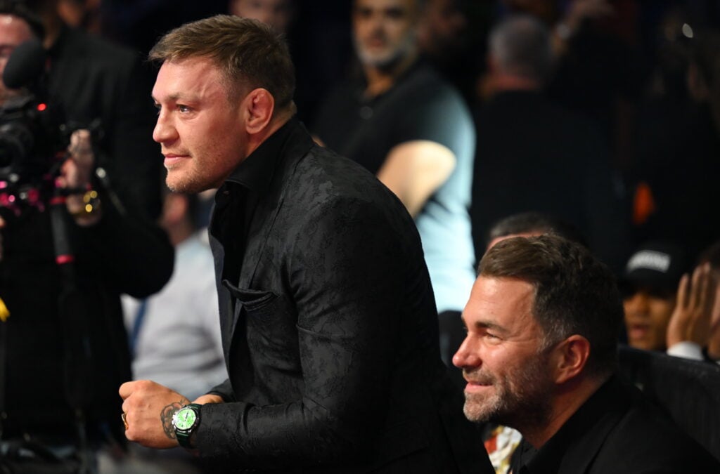 UFC fighter Conor McGregor, left, and promoter Eddie Hearn ahead of the undisputed super lightweight championship fight between Katie Taylor and Chantelle Cameron at the 3Arena in Dublin.