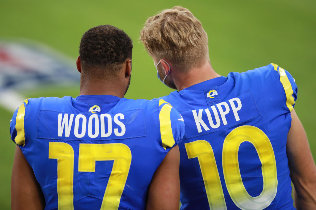 Robert Woods #17 of the Los Angeles Rams and Cooper Kupp #10 of the Los Angeles Rams chat on the sidelines in the fourth quarter against the San Francisco 49ers