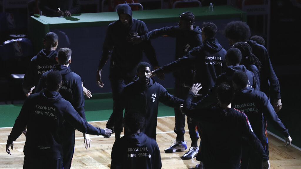 Kyrie Irving #11 of the Brooklyn Nets is introduced before the game against the Boston Celtics at TD Garden on December 25, 2020 in Boston, Massachusetts.