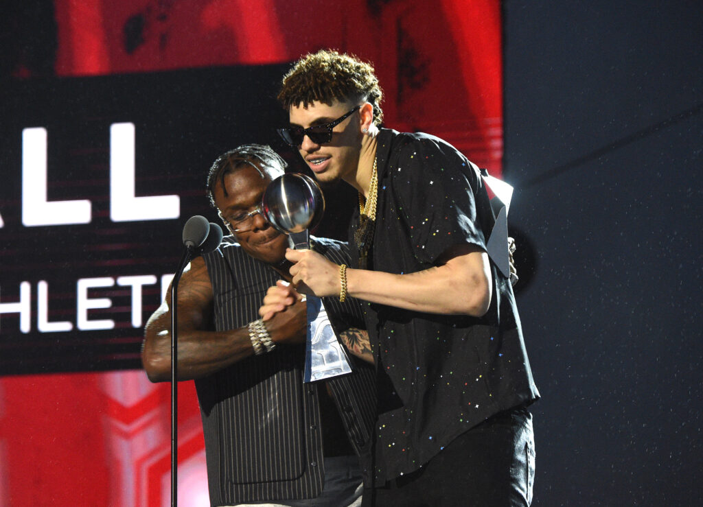 DaBaby presents award to LaMelo Ball onstage during the 2021 ESPY Awards at Rooftop At Pier 17.
