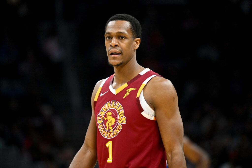 Rajon Rondo #1 of the Cleveland Cavaliers pauses on the court during the second quarter against the Philadelphia 76ers at Rocket Mortgage Fieldhouse on April 03, 2022 in Cleveland, Ohio.