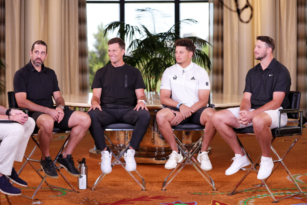 Aaron Rodgers, Tom Brady, Patrick Mahomes and Josh Allen take part in the quarterback roundtable prior to Capital One's The Match VI.