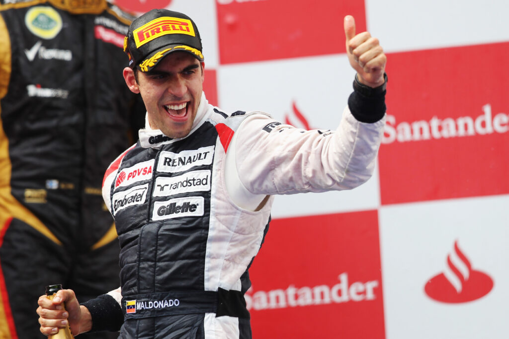 Williams driver Pastor Maldonado on the podium at the 2012 Spanish Grand Prix