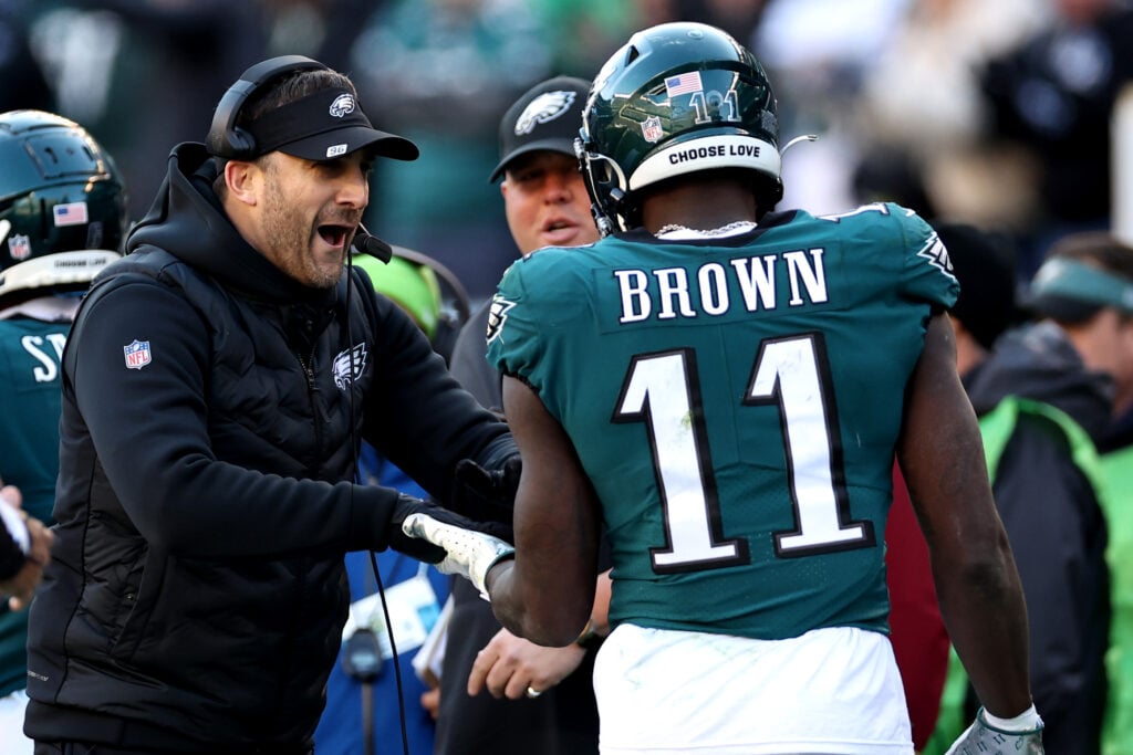 A.J. Brown #11 of the Philadelphia Eagles celebrates with head coach Nick Sirianni of the Philadelphia Eagles in the second quarter of a game against the Tennessee Titans at Lincoln Financial Field on December 04, 2022 in Philadelphia, Pennsylvania.