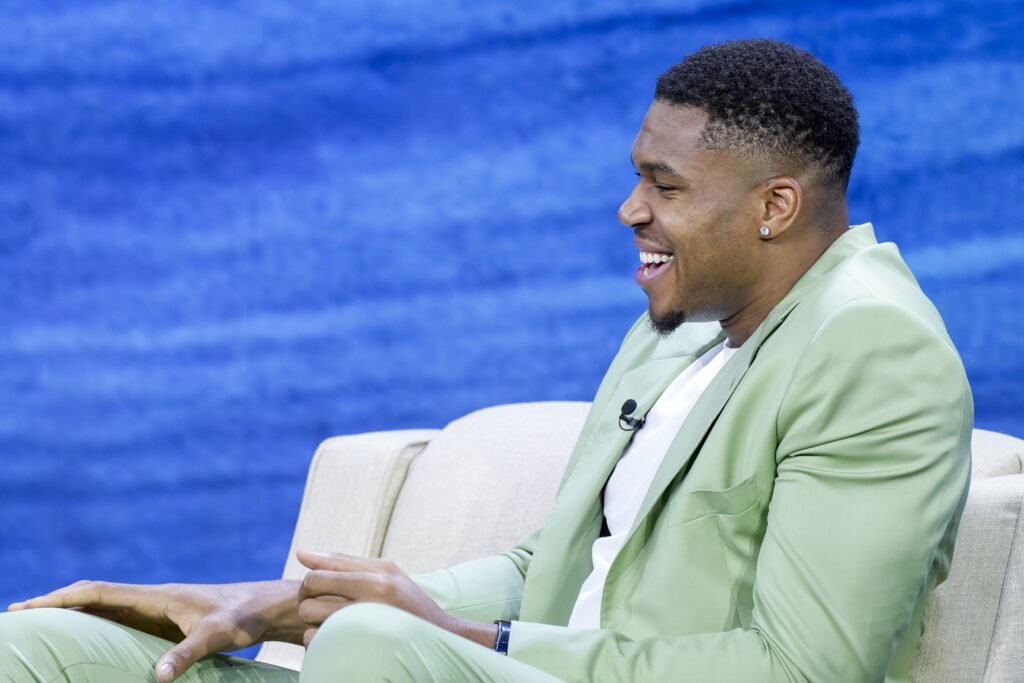 NBA Athlete, Co-Founder and Chairman of Ante Inc., Giannis Antetokounmpo, speaks onstage during GE The Lean Mindset: The Pursuit Of Progress Event at Chelsea Industrial on September 06, 2023 in New York City.