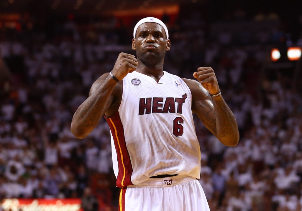 LeBron James #6 of the Miami Heat reacts after a play in the third quarter against the Indiana Pacers during Game Five of the Eastern Conference Finals at American Airlines Arena.