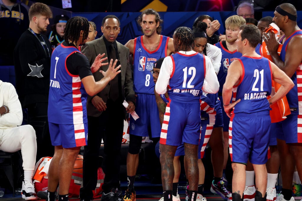 CJ Stroud, Stephen A. Smith, Gianmarco Tamberi, Mecole Hardman Jr., Tristan Jass, and Jack "Black Jack" Ryan of Team Stephan A. participate in the 2024 Ruffles NBA All-Star Celebrity Game.