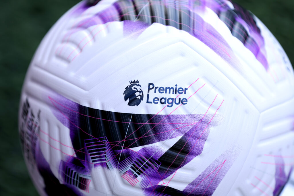 A detailed view of the Premier League logo on the Nike Flight 2024 Premier League Match Ball prior to the Premier League match between Burnley FC and AFC Bournemouth at Turf Moor.