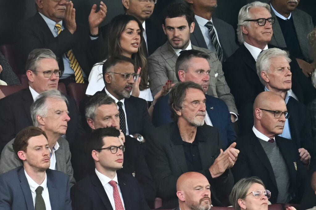 British INEOS Group chairman Jim Ratcliffe (C) and Britain's main opposition Labour Party leader Keir Starmer (L) watch on from the stands leader Keir Starmer during the English Premier League football match between Manchester United and Arsenal at Old Trafford in Manchester, north west England, on May 12, 2024.