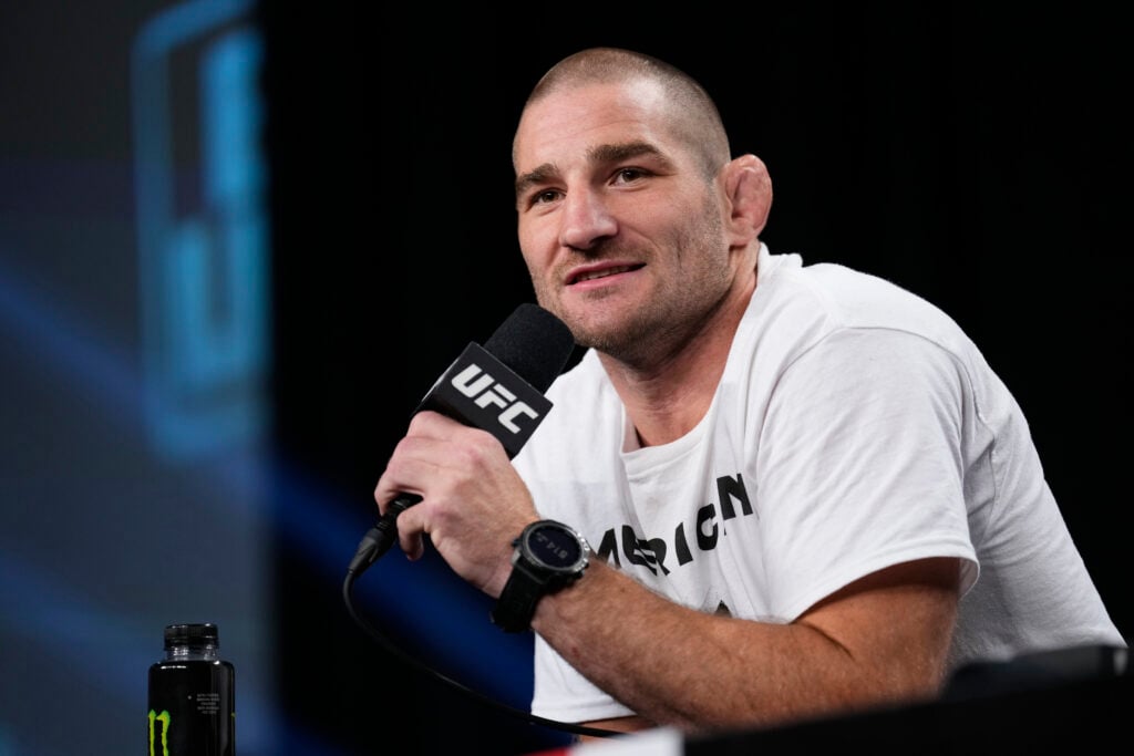 Sean Strickland is seen on stage during the UFC 302 press conference at Prudential Center on May 30, 2024 in Newark, New Jersey.