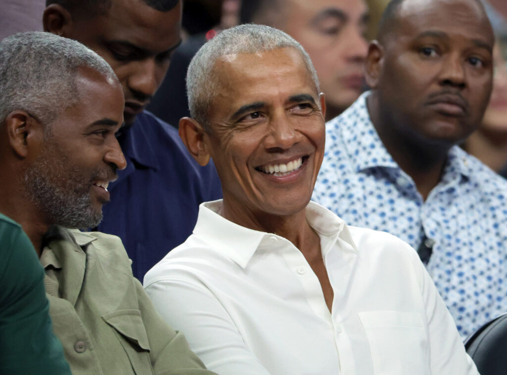 Former U.S. President Barack Obama attends an exhibition game between Canada and the United States ahead of the Paris Olympic Games at T-Mobile Arena on July 10, 2024.