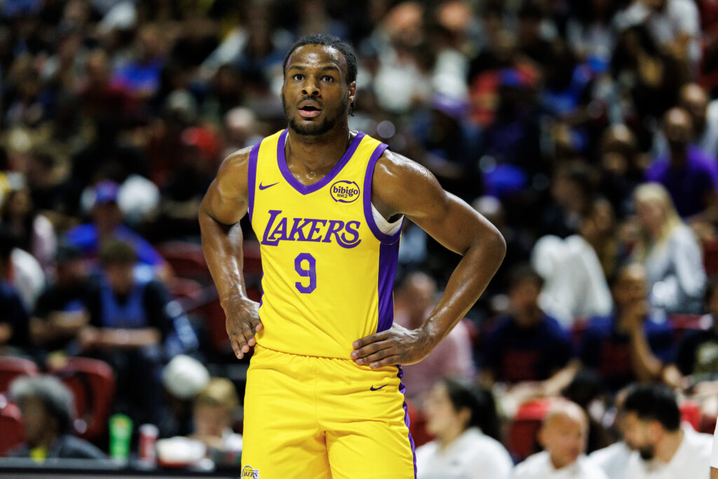 Los Angeles Lakers guard Bronny James (9) catches his breath against Cleveland Cavaliers during the NBA 2K25 Summer League at the Thomas & Mack Center on July 18, 2024 in Las Vegas, Nevada.