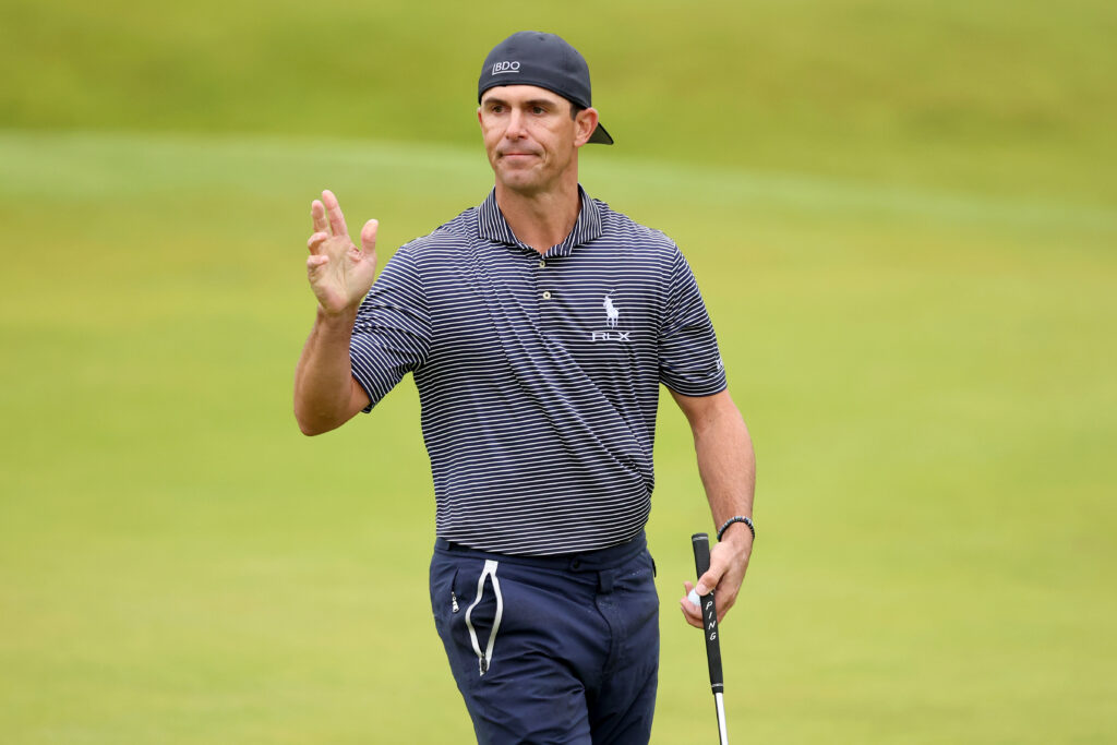 Billy Horschel of the United States acknowledges the crowd on the 18th green during day three of The 152nd Open championship at Royal Troon