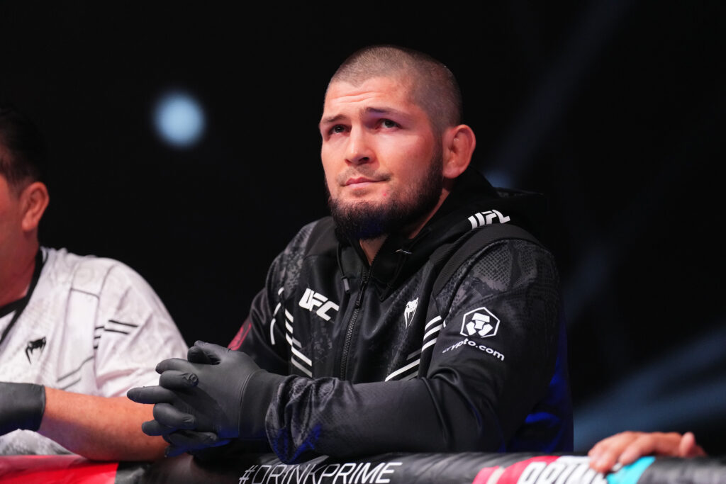 Coach Khabib Nurmagomedov stands in the corner of Umar Nurmagomedov of Russia before his bantamweight fight during the UFC Fight Night event at Etihad Arena on August 03, 2024 in Abu Dhabi, United Arab Emirates.