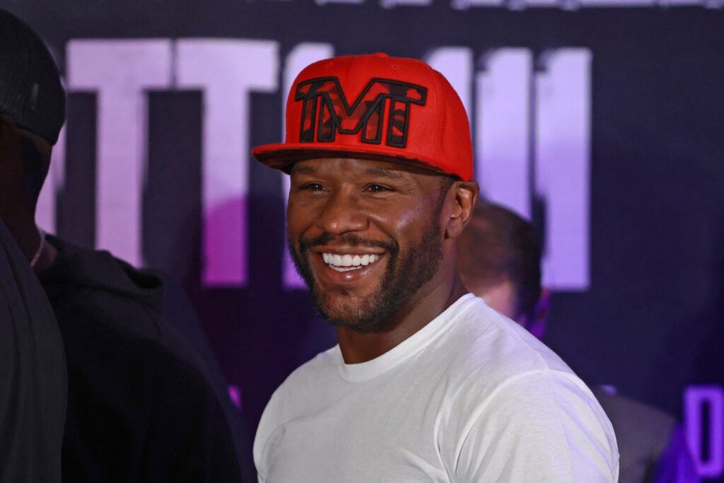 Floyd Mayweather poses for photos during the ceremonial weigh-in ahead of his exhibition fight against John Gotti III , in Mexico City, Mexico on August 23, 2024.