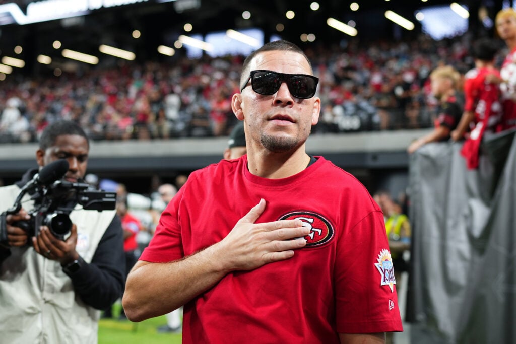 Mixed martial arts fighter Nate Diaz is seen in attendance before preseason game between the San Francisco 49ers and Las Vegas Raiders at Allegiant Stadium on August 23, 2024 in Las Vegas, Nevada.