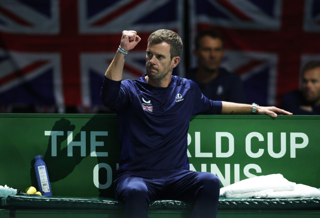 Leon Smith, Captain of Great Britain, celebrates in the singles match between Felix Auger-Aliassime of Canada and Jack Draper of Great Britain during the Group Stage tie between Canada and Great Britain in the Davis Cup Finals at AO Arena on September 15, 2024 in Manchester, England.