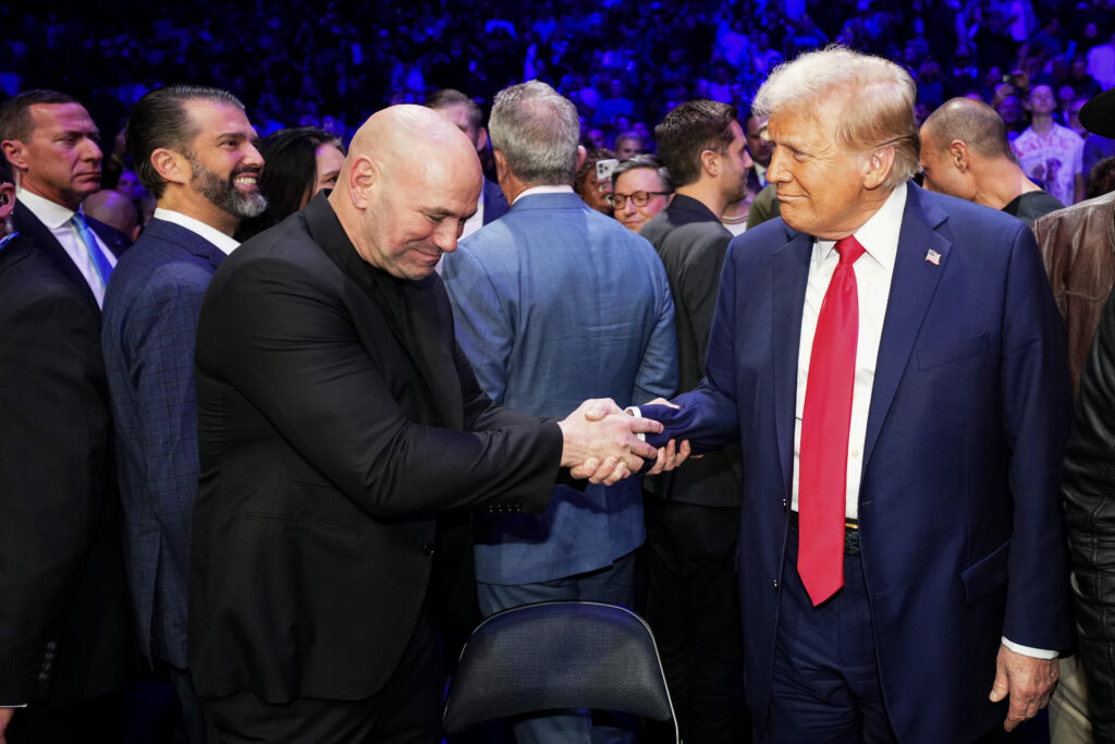 Dana White and President-elect Donald Trump shake hands during the UFC 309 event at Madison Square Garden on November 16, 2024.